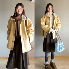 批发韩系黄色羊羔毛领厚外套<b class='q'>女</b>2025新款秋冬季保暖宽松小个子翻领<b class='q'>夹克</b>