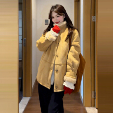 批发韩系黄色羊羔毛领厚外套<b class='q'>女</b>2025新款秋冬季保暖宽松小个子翻领<b class='q'>夹克</b>