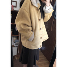 批发韩系黄色羊羔毛领厚外套<b class='q'>女</b>2025新款秋冬季保暖宽松小个子翻领<b class='q'>夹克</b>