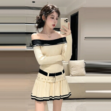 批发2025新款韩系高级感杏色针织内搭一字肩<b class='q'>连衣裙</b>子女秋冬绝美a字裙