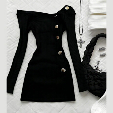 批发2026新款御姐穿搭黑色一字肩针织连衣裙子女秋<b class='q'>冬</b>季辣妹内搭包臀裙