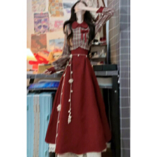 批发过年新年战袍假两件红色针织连衣裙子女秋<b class='q'>冬</b>2026新款绝美掐腰长裙