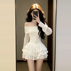 批发法式气质一字肩白色连衣裙子女秋<b class='q'>冬</b>2026新款收腰a字蓬蓬蛋糕短裙