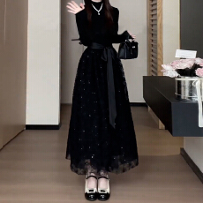 批发黑色半高领长袖针织连衣裙子女<b class='q'>冬</b>季2026新款配大衣内搭打底长裙