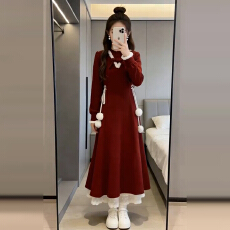 批发新年战袍超好看法式红色连衣裙子女<b class='q'>冬</b>季2026过年新款内搭气质长裙