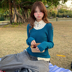 批发韩系波点假两件长袖毛针织衫女2026新款秋<b class='q'>冬</b>季修身显瘦打底衫上衣