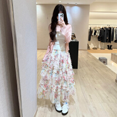 批发独特漂亮2026早春绝美韩女套装粉色针织开衫吊带蛋糕<b class='q'>碎花</b>裙三件套