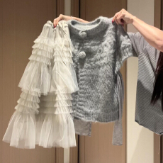 批发巨好看公主风灰色毛衣网纱层次感立体蓬蓬蛋糕裙2026韩系少女穿搭