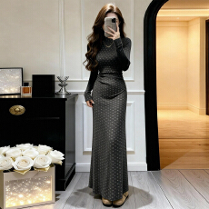 批发韩系复古印花<b class='q'>灯笼</b>袖长袖连衣<b class='q'>裙</b>女新款半高领气质打底长<b class='q'>裙</b><b class='q'>收腰</b>显瘦