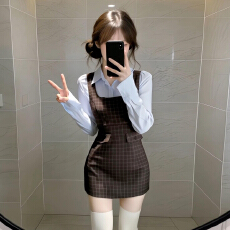 批发高级感韩系学院风衬衫领假两件长袖连衣裙子女秋冬季新款内搭短裙