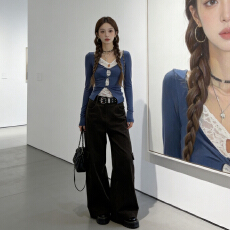 批发2026新款超火辣妹ootd穿搭一整套针织蓝色上衣长<b class='q'>裤</b>两件套<b class='q'>装</b>女<b class='q'>装</b>春