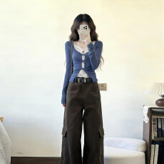 批发2026新款超火辣妹ootd穿搭一整套针织蓝色上衣长<b class='q'>裤</b>两件套<b class='q'>装</b>女<b class='q'>装</b>春