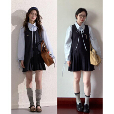 批发法式学院风黑色背心连衣裙子女早秋季2025新款小个子百褶短裙套装
