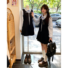 批发法式学院风黑色背心连衣裙子女早秋季2025新款小个子百褶短裙套装