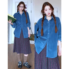 批发复古蓝色灯芯绒衬衫<b class='q'>连衣裙</b>女秋冬叠穿内搭条纹衬衣外套格纹半裙子