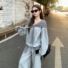 批发老钱风<b class='q'>运动</b>套装女春季松弛感宽松华夫格V领卫衣时尚阔腿裤两件套