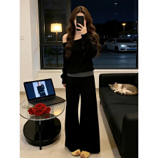 批发巨好看的黑色长袖<b class='q'>卫衣</b><b class='q'>连衣裙</b>子女2025年新款早秋韩系穿搭一整套装