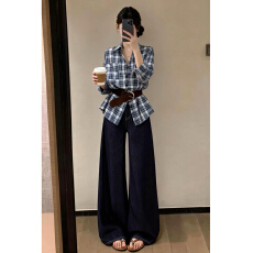 蓝色格纹长袖衬衫女2026春季新款复古高级感衬衣通勤气质外套上衣