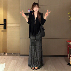 批发2026新款韩系慵懒风穿搭黑色套装连衣裙子女早秋季高级感包臀长裙