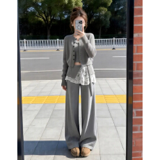 批发2026新款超火减龄穿搭一整套女春季韩系灰色开衫内搭阔腿<b class='q'>裤</b><b class='q'>三件套</b>