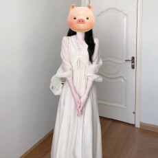 批发法式<b class='q'>蕾丝拼接</b>杏色长袖连衣裙女早春季2026新款高级感气质收腰长裙