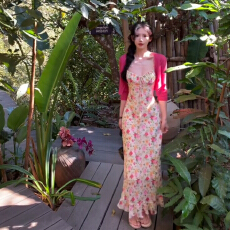 批发法式复古碎花吊带<b class='q'>连衣裙</b>子女春季韩系气质绝美玫红色开衫长裙套装