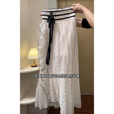 批发日系甜美淑女绑带荷叶边波点<b class='q'>半身裙</b>女温柔不规则开叉设计高腰<b class='q'>长裙</b>