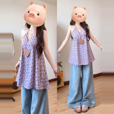 批发紫色挂脖<b class='q'>碎花</b>连衣裙子女夏2026新款法式海边度假绝美露背吊带<b class='q'>短裙</b>