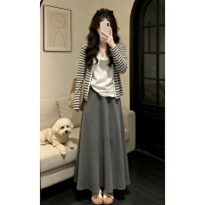 批发韩系<b class='q'>条纹</b>开衫半身连衣裙子女夏季2026新款超火气质一整套ootd穿搭
