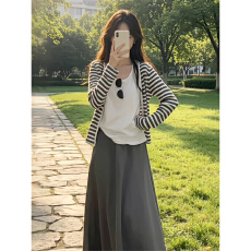 批发韩系<b class='q'>条纹</b>开衫半身连衣裙子女夏季2026新款超火气质一整套ootd穿搭