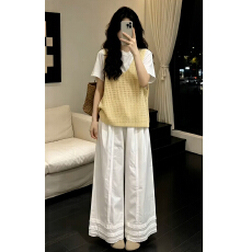 批发韩系巨好看ootd穿搭一整套2026新款黄色马甲上衣女夏季阔腿裤套装