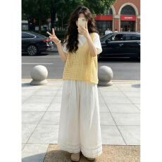 批发韩系巨好看ootd穿搭一整套2026新款黄色马甲上衣女夏季阔腿裤套装