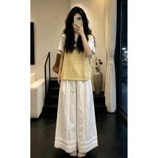 批发韩系巨好看ootd穿搭一整套2026新款黄色马甲上衣女夏季阔腿裤套装