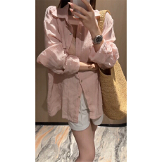 批发韩系漂亮粉色防晒长袖衬衫外套<b class='q'>女</b>夏季宽松慵懒风外搭薄款开衫上衣