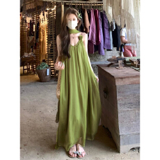 批发艺术生明媚穿搭女初夏绿色海边度假气质显瘦吊带<b class='q'>连衣裙</b>子丁达尔裙