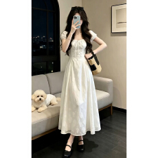 批发法式温柔泡泡袖白色<b class='q'>连衣裙</b>子女夏季2026新款大方得体掐腰气质长裙