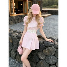 批发法式高知绝美粉色<b class='q'>衬衫</b><b class='q'>连衣裙</b>子女夏季独特设计感碎花收腰短裙套装