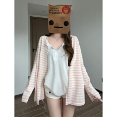 批发韩系粉色条纹防晒开衫<b class='q'>外套女</b>夏季薄款宽松慵懒风空调罩衫外搭上衣