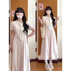 批发甜美少女风粉色条纹<b class='q'>连衣裙</b>子女夏季2026年新款设计感领带收腰长裙