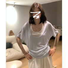 批发韩系气质简约薄款夏两件套内搭白色挂脖吊带蓝色V领<b class='q'>短袖</b>宽松上衣