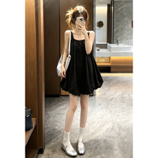 批发2026新款韩系chic黑色吊带连衣裙子女夏季小个子花苞裙赫本风<b class='q'>短</b>裙
