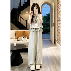 批发巨好看韩系ootd穿搭一整套2026新款无袖上衣女夏季阔脚<b class='q'>裤</b><b class='q'>两件套装</b>