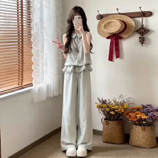 批发巨好看韩系ootd穿搭一整套2026新款无袖上衣女夏季阔脚<b class='q'>裤</b><b class='q'>两件套装</b>