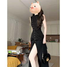 批发黑色无袖<b class='q'>背心</b>纽扣连衣裙子女夏季2026新款轻奢高级感收腰开叉<b class='q'>长裙</b>