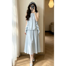 批发法式高级感蓝色无袖背心连衣裙子女夏季2026新款海边度假长裙<b class='q'>套装</b>