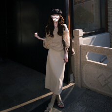 批发轻熟高智感穿搭一整套裙子女早秋季温柔风斜肩针织衫半身<b class='q'>长裙</b>套装