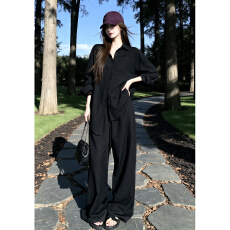 批发韩系巨好看秋冬穿搭一整套2026新款黑色衬衫上衣女阔腿裤两件套装