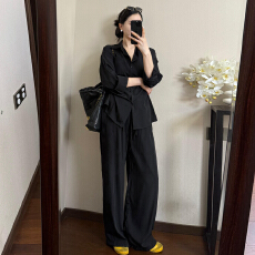 批发韩系巨好看秋冬穿搭一整套2026新款黑色衬衫上衣女阔腿裤两件套装