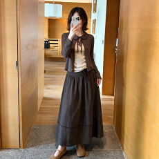 批发韩系温柔风棕咖色针织开衫吊带内搭半身裙子秋季美拉德三件套<b class='q'>长裙</b>