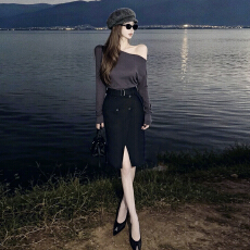 批发法式气质紫色露肩长袖上衣半身裙子女<b class='q'>秋</b>季高级感轻熟冷淡系两件套